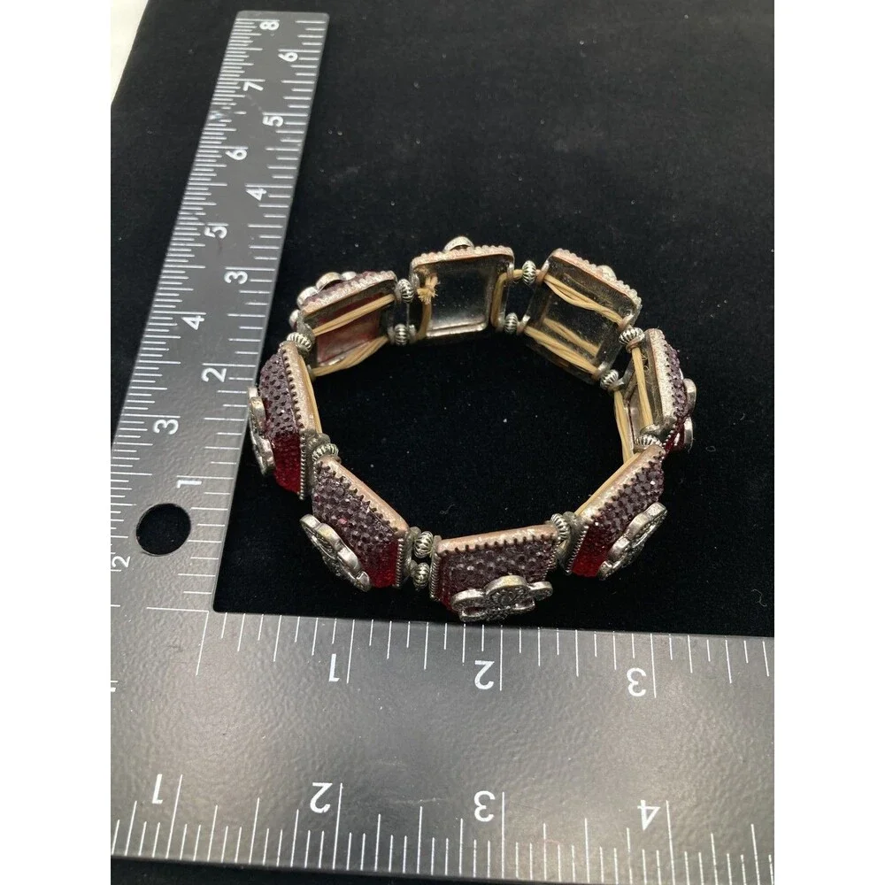 Red Glitter Enamel Silver Tone Fleur De Lis Stretch Bracelet Fashion Jewelry - Picture 3 of 4